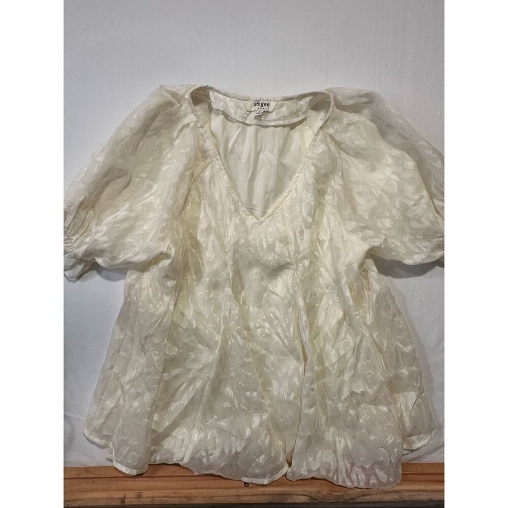Umgee Ivory Leopard Jacquard Puff Sleeve Babydoll Top Small Boho